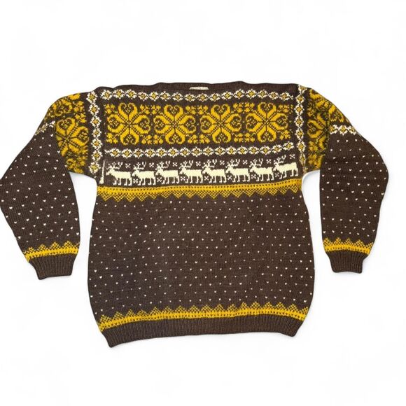 Vintage Sirib Sweater Shop Hand-Knitted Wool Norwegian Sweater Brown/Yellow - Picture 1 of 5